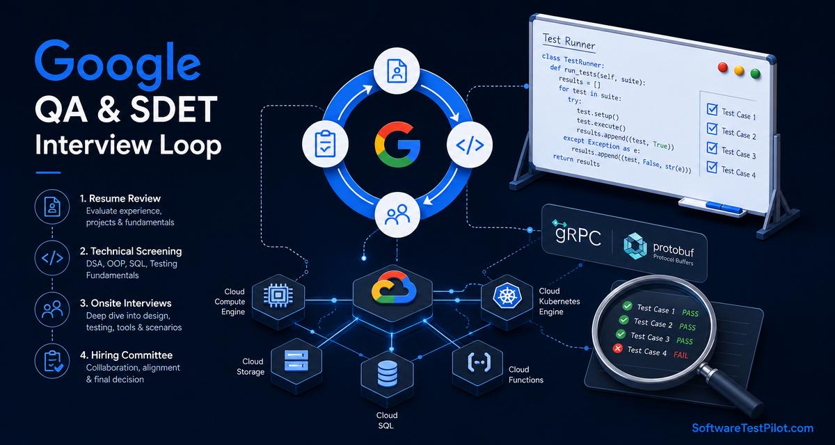 Editorial cover illustrating the Google QA and SDET interview loop with gRPC, Protobuf, GCP and whiteboard code motifs.
