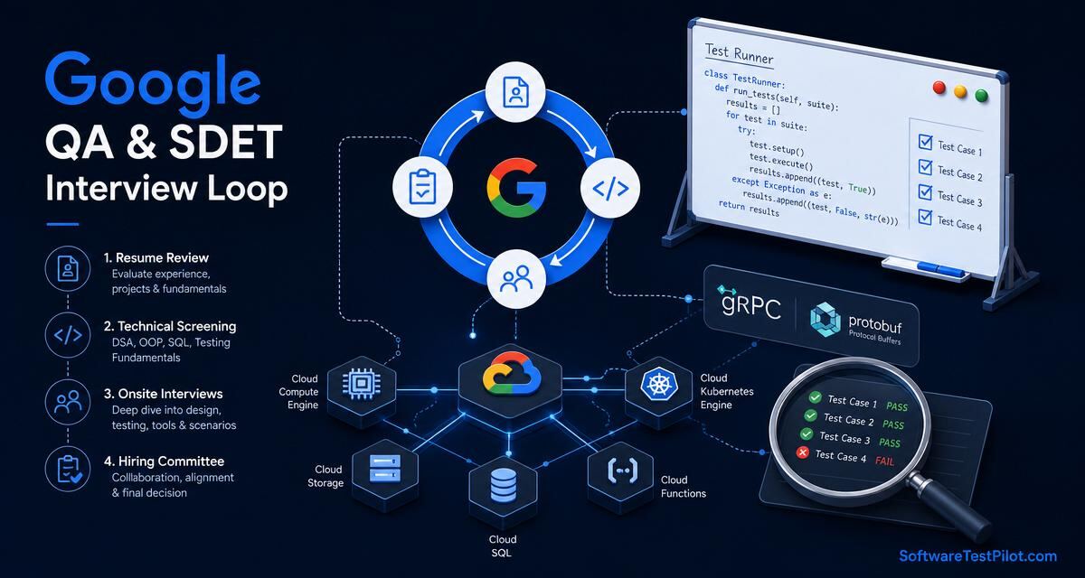 Editorial cover illustrating the Google QA and SDET interview loop with gRPC, Protobuf, GCP and whiteboard code motifs.