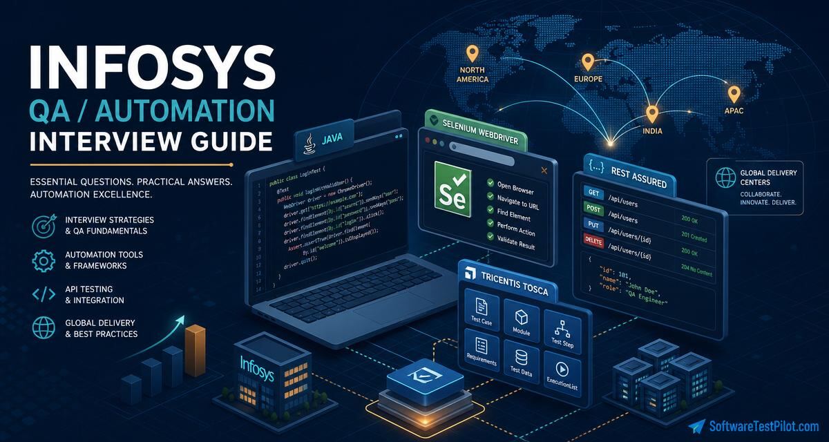 Editorial cover illustrating the Infosys QA and Automation interview loop with Java, Selenium WebDriver, RestAssured and Tricentis Tosca motifs across global delivery centers.