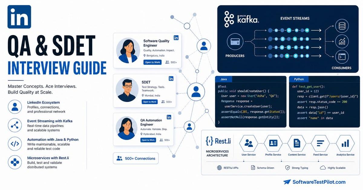 Editorial cover illustrating the LinkedIn QA / SDET interview loop.