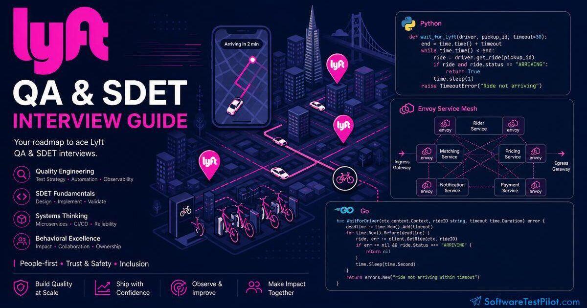 Editorial cover illustrating the Lyft QA / SDET interview loop.