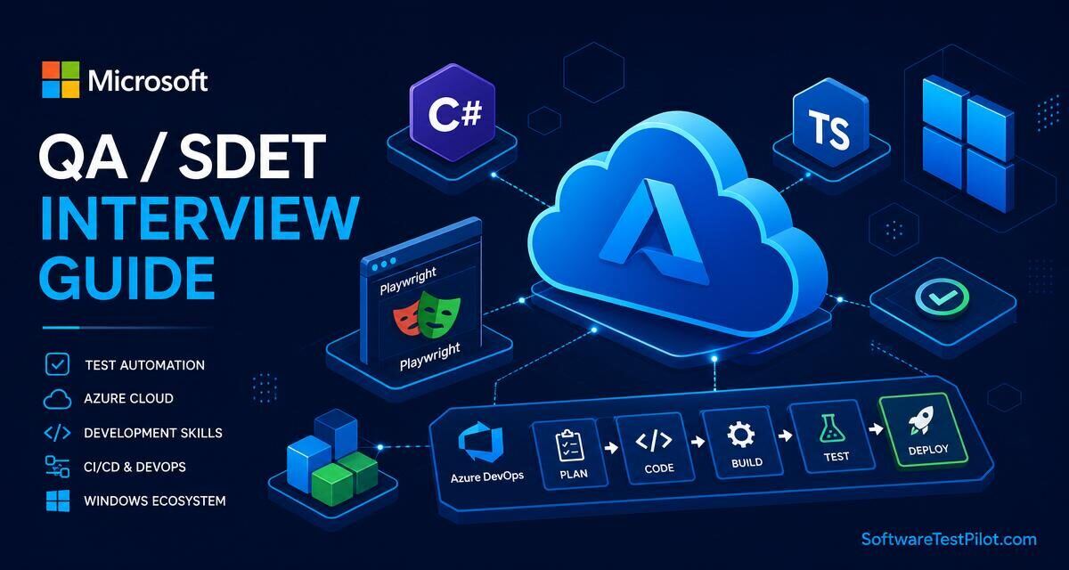 Editorial cover illustrating the Microsoft QA / SDET interview loop with Azure, Playwright, C# and TypeScript motifs across Azure DevOps pipelines.