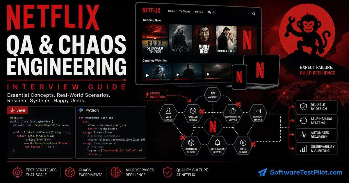 Editorial cover illustrating the Netflix QA / SDET interview loop.