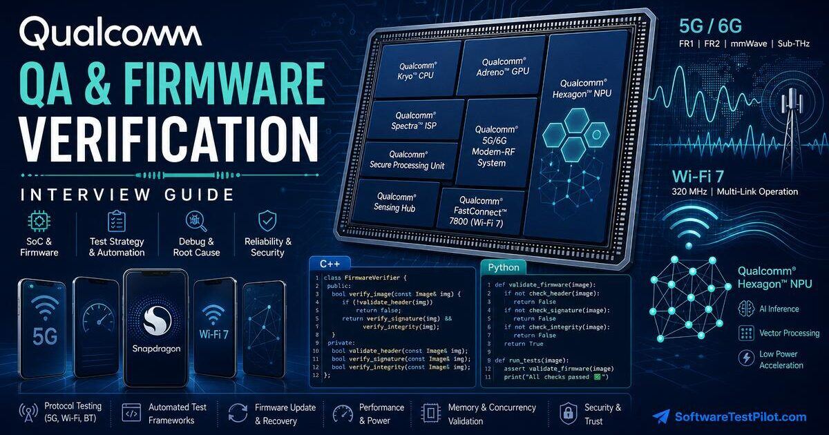 Editorial cover illustrating the Qualcomm QA / SDET interview loop.