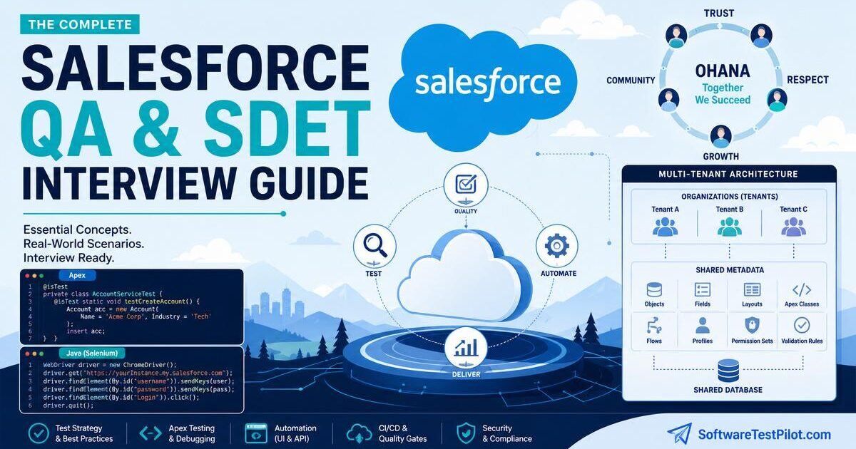 Editorial cover illustrating the Salesforce QA / SDET interview loop.