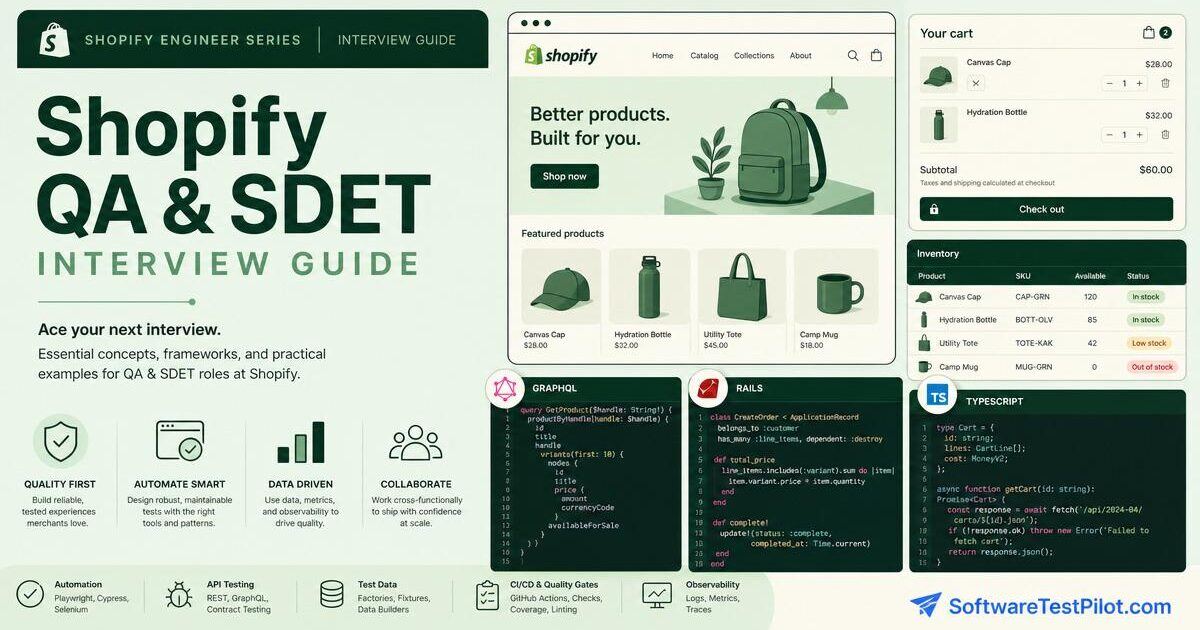 Editorial cover illustrating the Shopify QA / SDET interview loop.