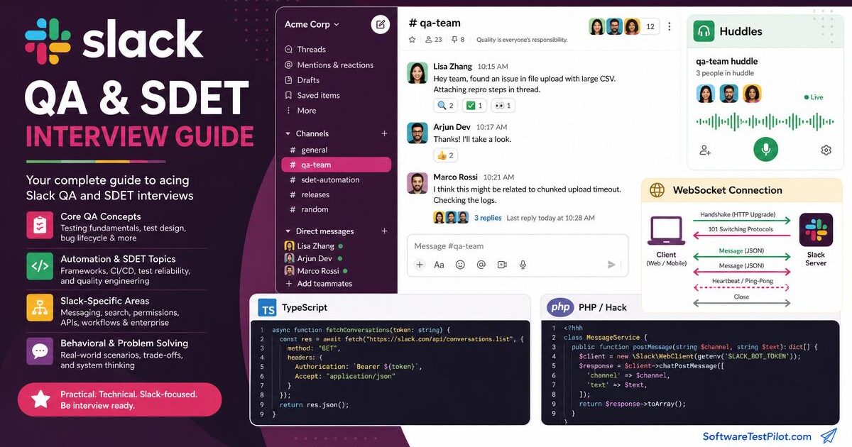 Editorial cover illustrating the Slack QA / SDET interview loop.