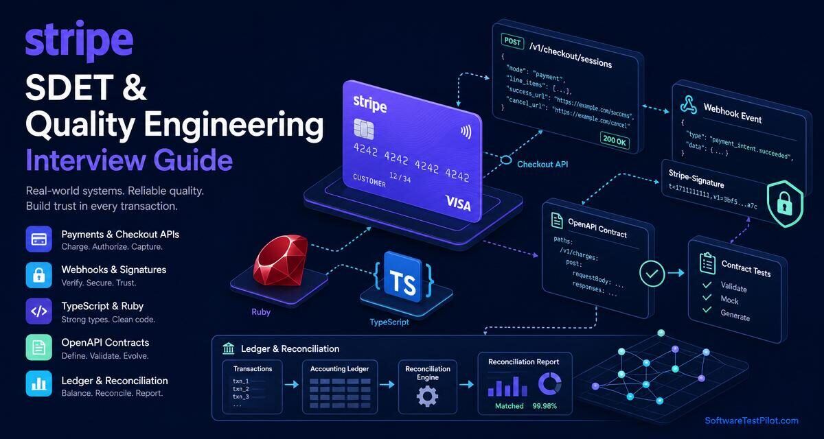 Editorial cover illustrating the Stripe SDET / Quality Engineering interview loop with payments, webhooks, OpenAPI contracts, Ruby and TypeScript motifs.