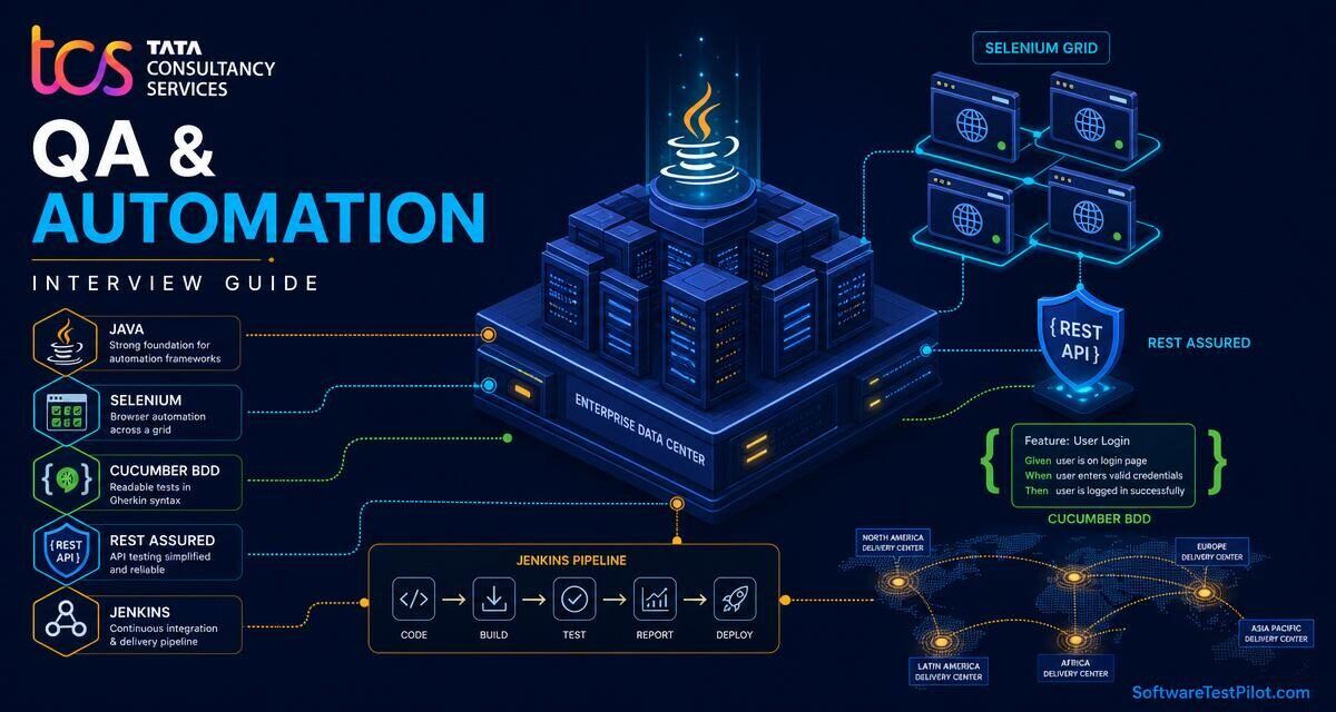 Editorial cover illustrating the TCS QA and Automation interview loop with Java, Selenium, Cucumber BDD, RestAssured, and Jenkins across global delivery centers.