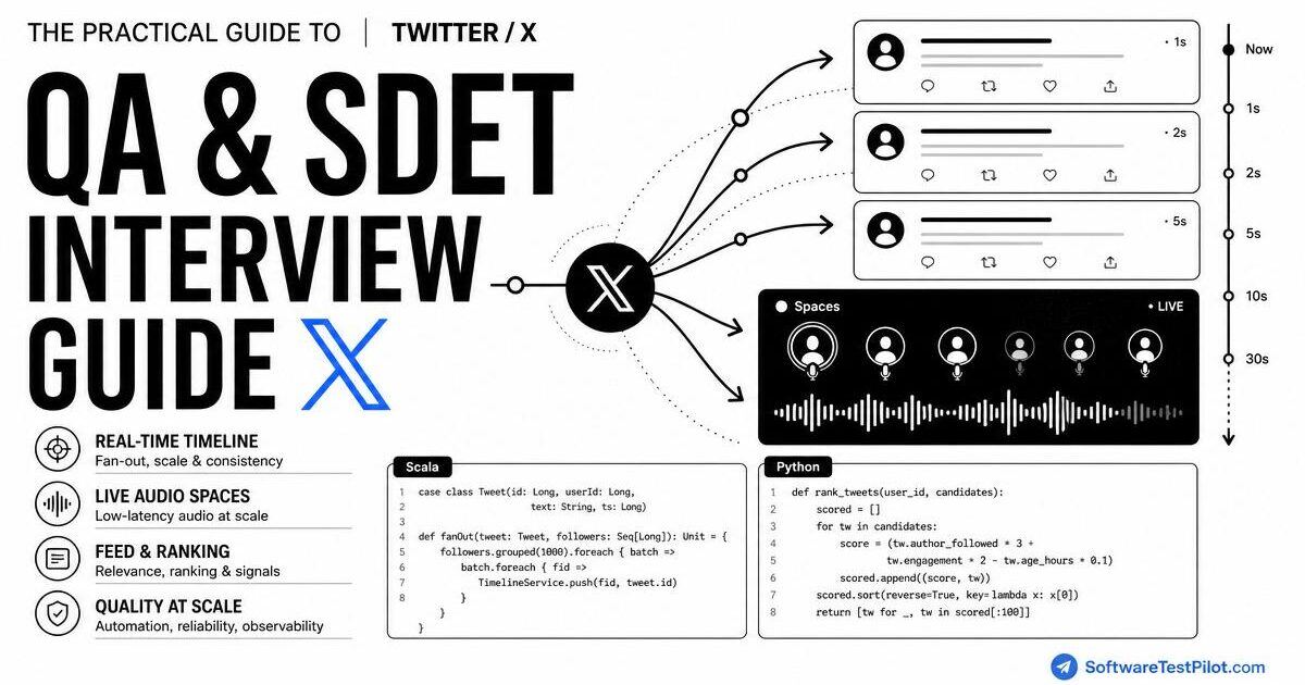Editorial cover illustrating the Twitter / X QA / SDET interview loop.